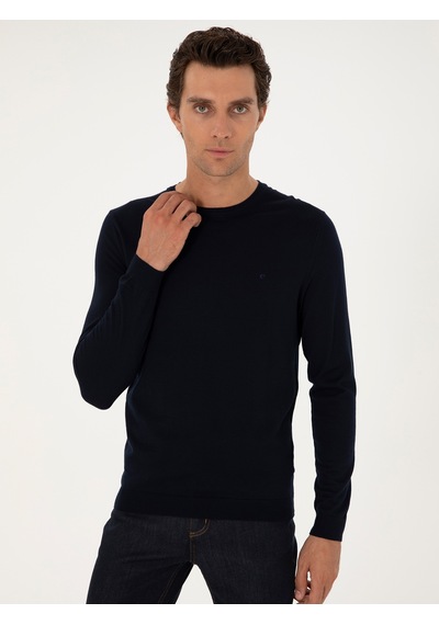 Cacharel Lacivert Slim Fit Yün Karışımlı Bisiklet Yaka Basic Triko Kazak