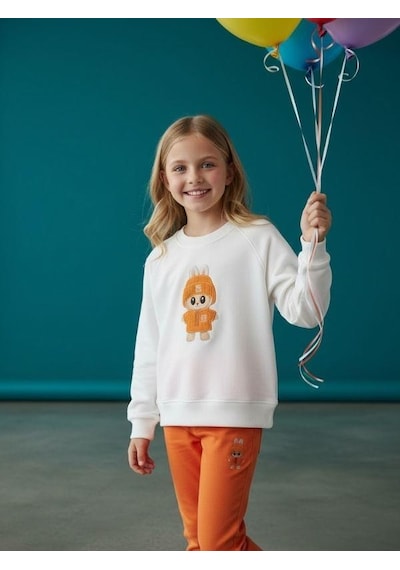 Kız Çocuk Pamuklu Karakter Baskılı Oversize Tasarım Sweatshirt-16454 Beyaz