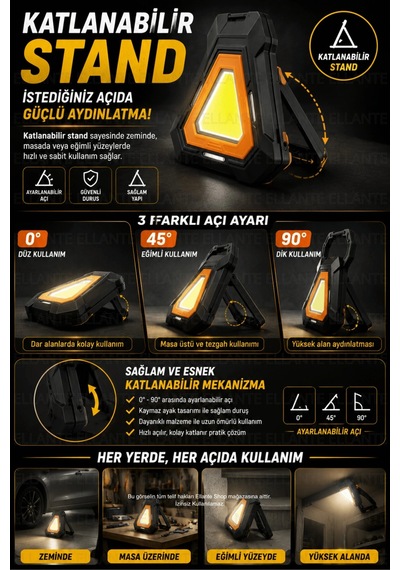 Şarjlı Cob Led Çalışma Lambası Type-c Şarjlı Usb Powerbank Mıknatıslı Askılı Katlanabilir Standlı Ka Çok Renkli