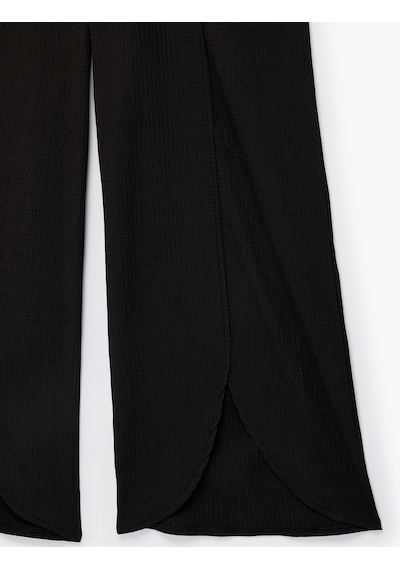 Koton Beli Lastikli Yırtmaç Detaylı Dokulu Geniş Paça Pantolon Siyah 6skg40010ak Siyah