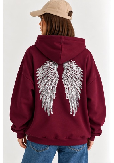 Mevese Taş İşlemeli Kanat Detaylı Kapüşonlu Rahat Kesim Kanguru Cepli Kadın Sweatshirt - Mürdüm Mevese Taş İşlemeli Kanat Detaylı Kapüşonlu Rahat Kesim Kanguru Cepli Kadın Sweatshirt - Mürdüm