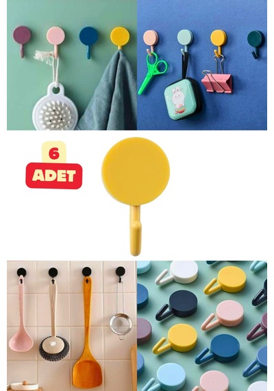 6 Adet Yapışkanlı Kancalı Renkli Duvar Askısı Duvar Kapı Masa Yapışan Pratik Çok Amaçlı Askılık Plas Diğer