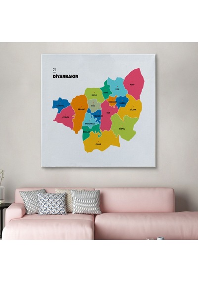 Diyarbakır İli Ve İlçeler Haritası Dekoratif Kanvas Tablo 1321 50 X 50