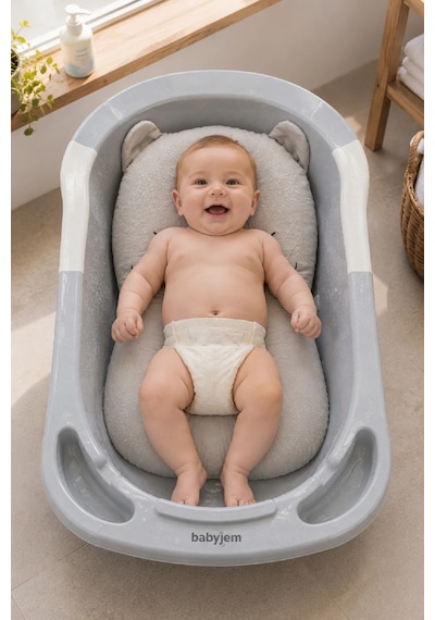 Babyjem Sevimli Kedi Köpüklü Bebek Banyo Küvet Yatağı Gri (Straforlu - Suda Batmaz)