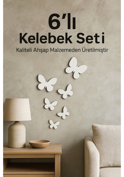 12 Adet Ahşap Dekoratif Kelebekli Duvar Süsü - Beyaz Renk Dekoratif Kelebek Duvar Mutfak Süsü