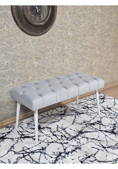 Zafir Beyaz Boyalı Sivriltme Ayaklı 90 Cm Puf Bench - Puf - Bench - Kasalı Oturak - Oturak - Yatak Ucu Puf Gri