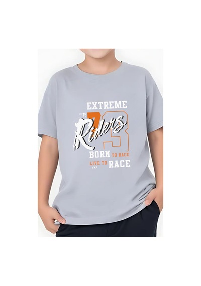 Panios Kids Extreme Riders Baskılı Erkek Çocuk Yuvarlak Yaka Kısa Kollu T-shirt Gri