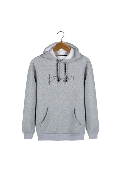 Unisex Gri Kapüşonlu Adem'in Yaratılışı Baskılı Slim Fit Kanguru Cepli Sweatshirt Gri