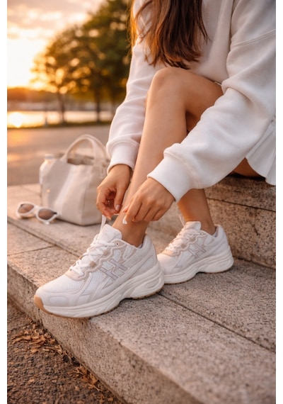 Muggo Hynex Kadın Kalın Taban Bağcıklı Günlük Sneaker Spor Ayakkabı Bej