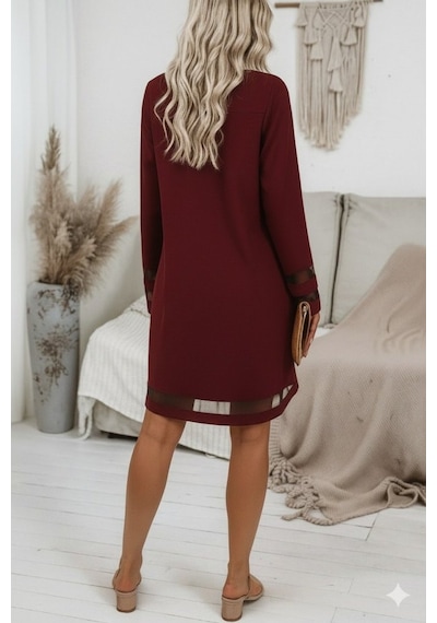 Veraura Lifestyle Kadın Uzun Kollu V Yakalı Tül Şerit Detaylı Mini Krep Elbise Bordo