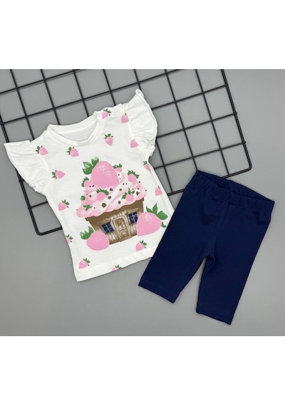 Poppy Trend Kız Bebek Çilek Baskılı Tişört Ve Taytlı Gündelik İkili Takım 6-18 Ay Pudra