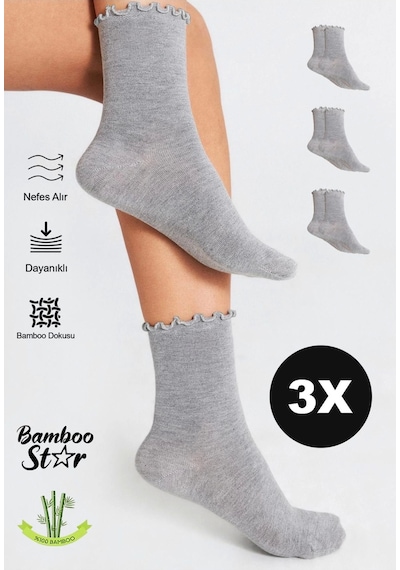 Bamboo Star Bambu Kadın Gri Fırfırlı Lastiksiz Dikişsiz Kadın Soket 3lü Gri Çorap/iz Bırakmaz /sıkmayançorap