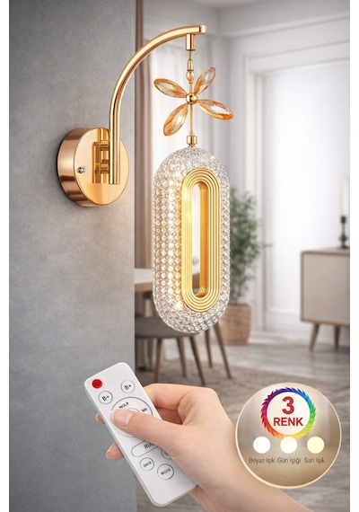 Elips Model Sarkıt 3 Renk Gold Kaplama Oturma Yatak Çocuk Odası Duvar Led Aplik Kumandalı Altın