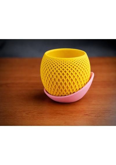 3d Baskı Küre Saksı - Kafes Dokulu İki Parçalı Dekoratif Saksı - Sarı-pembe