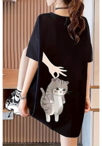 Hand And Cat Kadın Oversize Basic Bisiklet Yaka Pamuklu T-shirt Rahat Kesim Unisex SIYAH