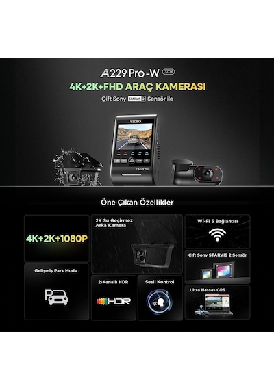 Viofo A229 Pro W 3 Kameralı Ön+arka Su Geçirmez+iç 4k+2k+1080p Sony Starvıs 2 Sensör Gps'li Araç Kamerası