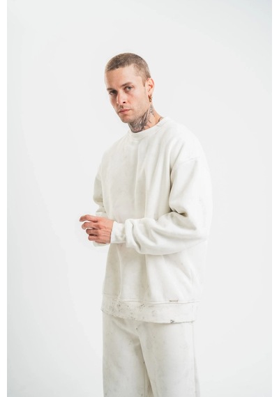 Luz&pos Erkek Uzun Kol Bisiklet Yaka Yıkamalı Sweatshirt - Beyaz Beyaz