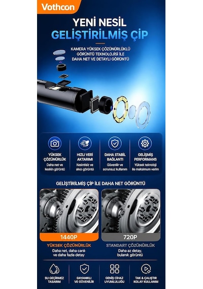 Vothoon 5 Metre Çift Kameralı İos/android Uyumlu Yılan Endoskop Kamera 8mm 2mp Led'li Sert Kablo