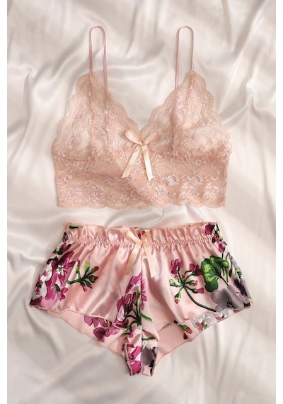 Merry See Dantel Büstiyerli Çiçekli Sütyen Şort Pijama Takımı Çok Renkli