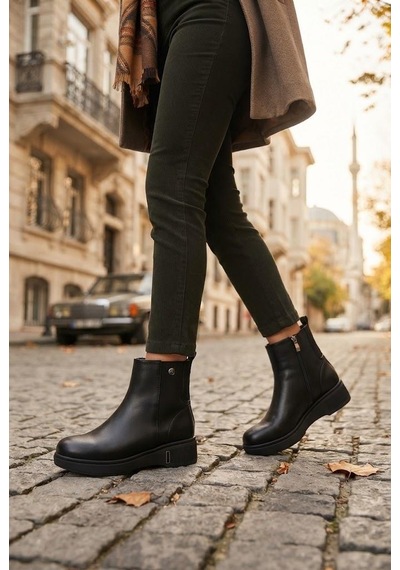 Pierre Cardin 56116 Parlak Fermuarlı Lastik Taban Kalın Topuklu Kadın Bot Siyah
