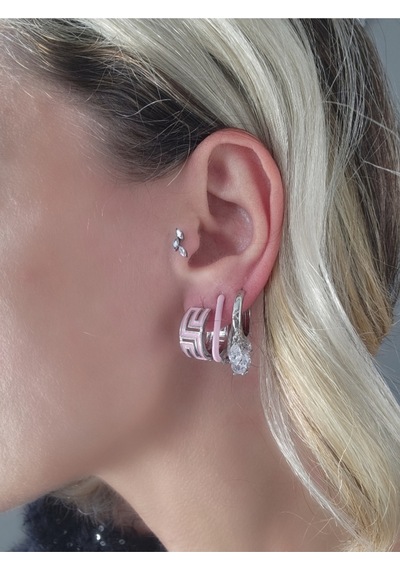 3'lü Mineli Pembe Halka Shakira Dikdörtgen Çelik Silver Küpe Seti Pembe