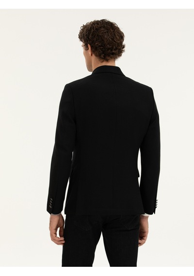 Cacharel Siyah Slim Fit Yün Karışımlı Kruvaze Ceket