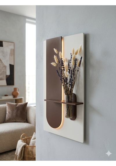 Okaliptus Ahşap Pilli Ledli İskandinav Tarzı Salon Duvar Rafı Modern Çiçeklik 40 X 70 Cm Paris Grisi - Ahşap Ceviz