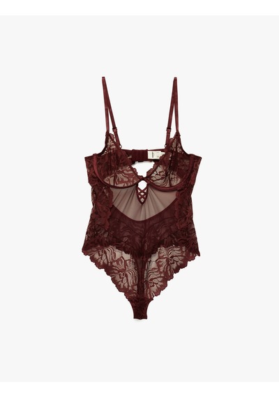 Koton Dantel Detaylı V Yaka Askılı Bodysuit Bordo 6wlk00010mk Bordo