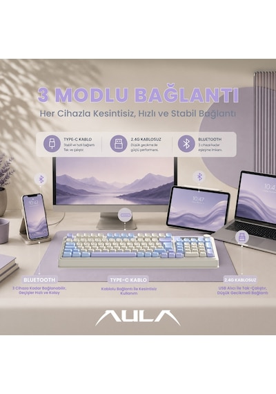 Aula S99 Pro Retro Rgb Gaming Bluetooth 2.4ghz Type-c 3 Mod Kablosuz Makrolu Türkçe Q Oyuncu Klavye Mavi 75645672