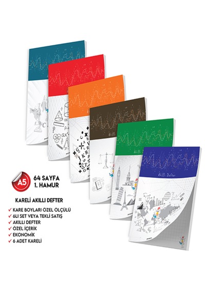 Kareli Not Defteri 64 Sayfa Akıllı Defter Seti 6lı A5 Tam Beyaz Koyu Mavi, Kırmızı, Turuncu, Kahverengi, Mavi, Yeşil
