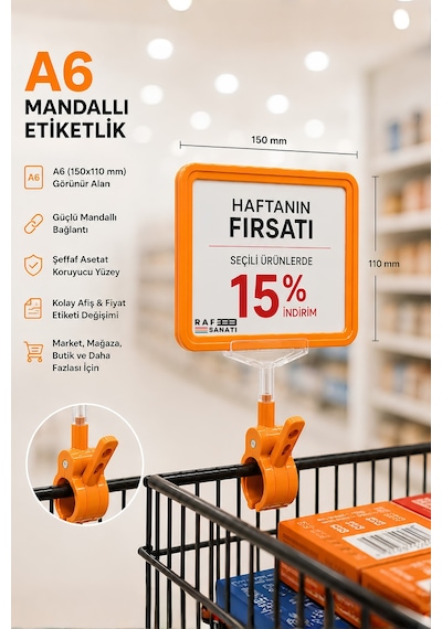 A6 Fiyatlık Mandallı Etiketlik Sepet Raf Askılık Fiyat Etiketi Çerçeveli Market Mağaza Turuncu