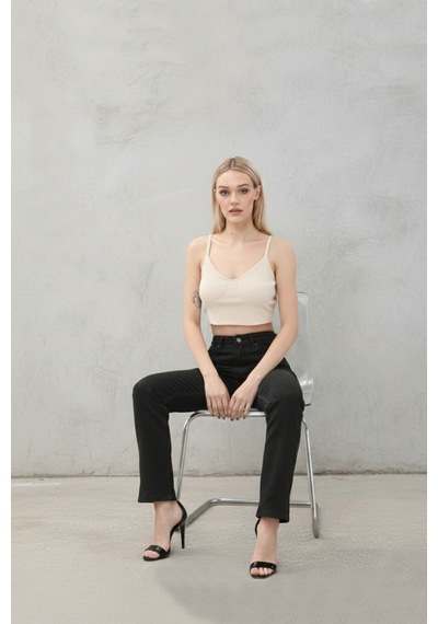 Kene Jeans Paça Yan Yırtmaç Siyah Boyfriend Bol Paça Pantolon Siyah