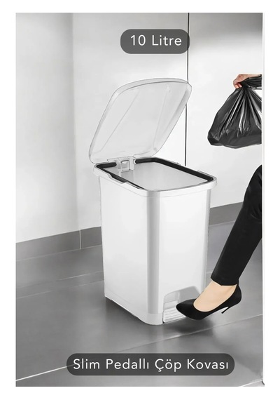 Slim Pedallı Banyo Mutfak Çöp Kovası 10 Litre Ergonomik Tasarım Plastik Malzeme İle Kullanışlı Beyaz