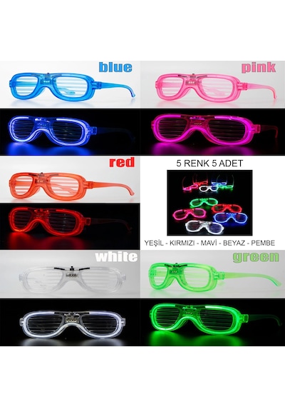 Glow Model Led Işıklı Parti Gözlüğü 3 Modlu 5 Renk 5 Adet "