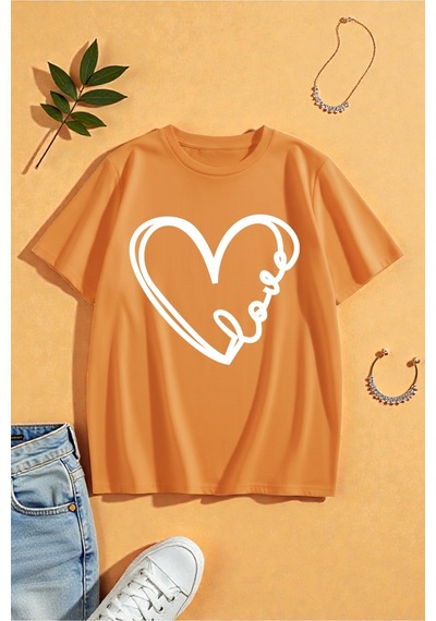 Uyguntarz Unisex Kalp Love Baskılı Tasarım Tshirt Turuncu