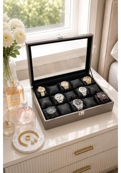 Chavin 15 Li Diamond Gri Deri Ahşap Camlı Saat Kutusu St15-59 10