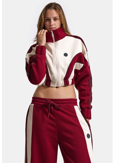 Kadın Bordo Bej W6-35 Crop Sweatshirt Eşofman Pantolon 2'li Tasarım Takım