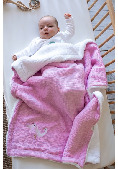 Bebek&çocuk Battaniye 80x100 CM Nakışlı Müslin Kuzu Tüyü Battaniye Açık Pembe