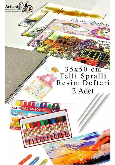 12 Renk Fatih Pastel Boya 35x50 Cm Telli Spralli Resim Defteri Pastel Dağıtma Kalemi 15 Yaprak Resim Defteri Yağlı Çok Renkli