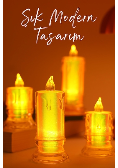 4 Adet Led Mum Simli Tipi Pil Dahil Dumansız Alev Ledli Yapay Dekoratif Mum Işığı Pt421-23 Şeffaf