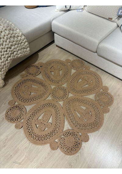 Mavaux Melody Jüt Doğal Hasır Kilim Bej Geometrik Bohem Yuvarlak El Örmesi Halı Jüt