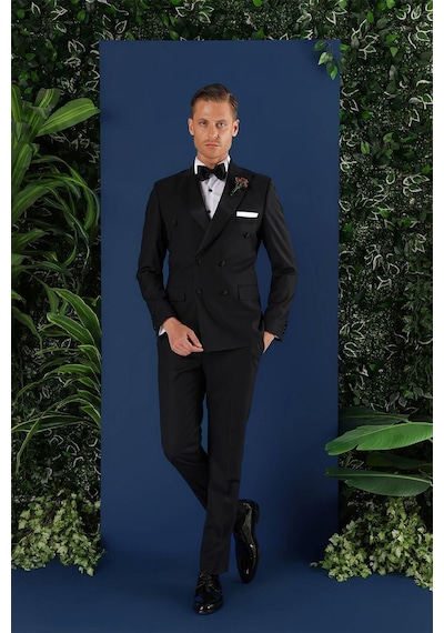Efor Black 071slim Fit Çıkarılabilir Saten Yaka Kruvaze Siyah Damatlık Smokin Takım Siyah