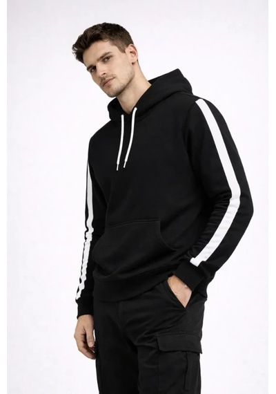 Efnaz Style Erkek Şeritli Kapüşonlu Sweatshirt Oversize 3 Iplik Pamuklu - Siyah