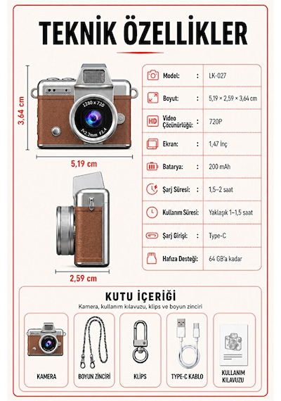 Solvis Mini Dijital Kamera Retro Tasarım Hd Video Selfie Çekim 180 Döndürülebilir Ekran Taşınabilir Kamera