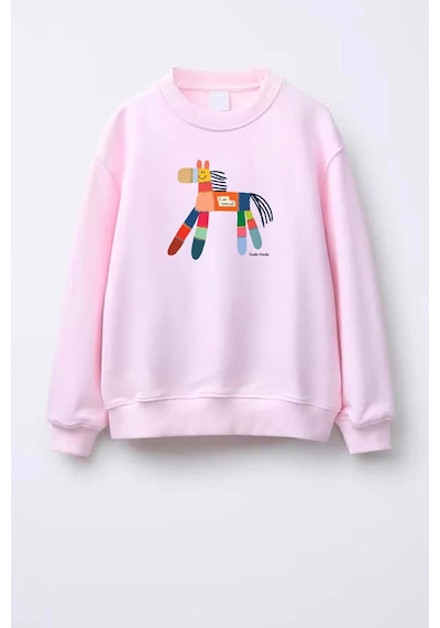 Monila Unisex Çocuk Baskılı 3 İplik Kumaş Pamuklu Sweatshirt Pembe