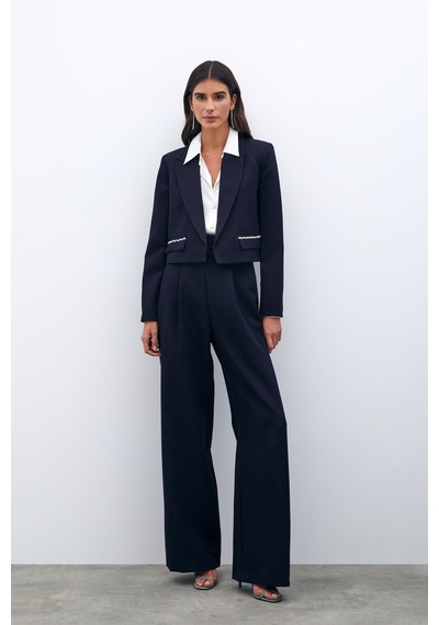 Sateen Cep Taş Detaylı Kısa Ceket - Lacivert-135557 Lacivert