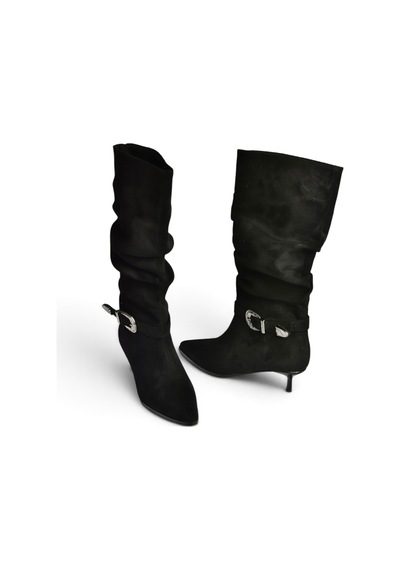 Fox Shoes Z726105702 Siyah Süet İnce Topuklu Büzgülü Kadın Çizme