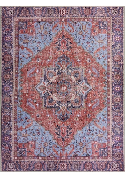 Kırmızı Ve Mavi Madalyon Desenli Vintage Halı