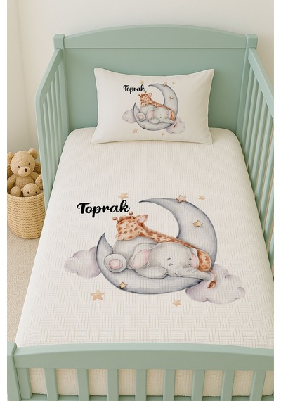 %100 Pamuk İsme Özel İsimli 100x150 Cm Pike Seti Fil Ve Zürafa