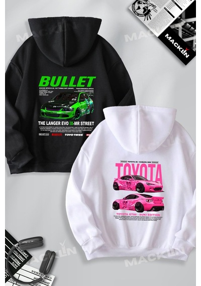 Macklin Sevgili Çift Kombin Hızlı Ve Öfkeli Bullet & Suki Evo Ix Sırt Baskılı Kapüşonlu Sweatshirt 2li Takım Siyah Beyaz Mck1419 Çok Renkli